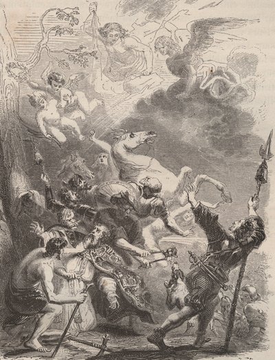 Muerte de San Lievin el Grande (Livin, o Lebwin, o Livinus) como evangelizador de Flandes, martirio en 657/663. Grabado de 1868 en “Histoire de Belgique desde tiempos primitivos hasta el final del reinado de Leopoldo I” por Theodore Juste (1818-1888). Cole de Unknown artist