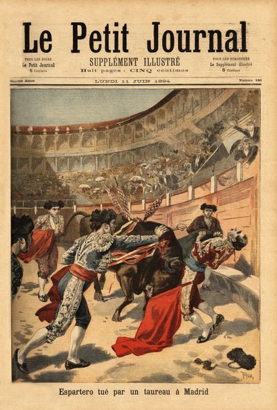 Muerte del torero español Manuel García conocido como Espartero (1865-1894), en las arenas de Madrid, por una estocada del toro. Grabado en “Le petit journal” 2/07/1894. Colección Selva. de Unknown artist