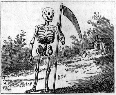 La muerte representada con una guadaña. Grabado de 1860 de Unknown artist