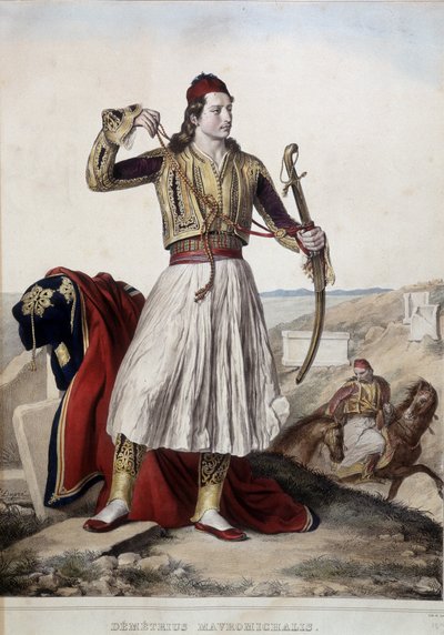 Demetrius Mavromichalis en traje tradicional de jinete - litografía de Unknown artist