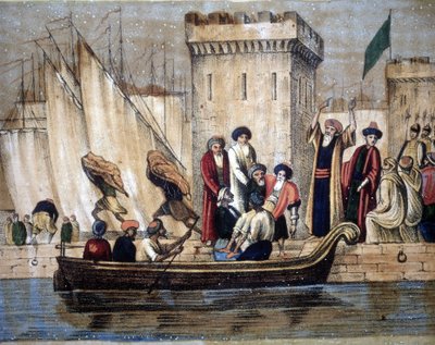 Partida de los moros de Argel, tras la colonización francesa, un anciano o enfermo es cargado en un barco. Siglo XIX de Unknown artist