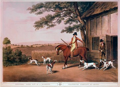 Salida de caza en la madrugada de un cazador y sus perros en Inglaterra. Grabado del siglo XIX. Gien, museo de caza de Unknown artist