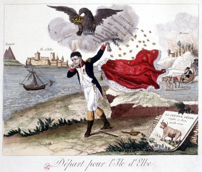 Partida a la isla de Elba: Napoleón sosteniendo una campana, un águila imperial arriba recordándole sus títulos, Moscú en llamas al fondo, y en primer plano: Fábula de Lafontaine: "la rana que quería ser más grande que el buey" de Unknown artist