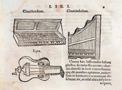 Descripción de clavicémbalo y lira (?) Página de Musurgia seu praxis musicae de Unknown artist