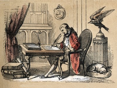 Descripción de diferentes productos y usos del papel: retrato de Georges Louis Leclerc, Conde de Buffon, naturalista y escritor (1707-1788) escribiendo su Historia Natural. Placa 