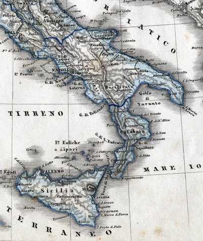 Detalle de un mapa geográfico que representa el sur de Italia (regiones de Campania, Calabria, Sicilia, Puglia, Molise y Abruzzo). Siglo XIX de Unknown artist