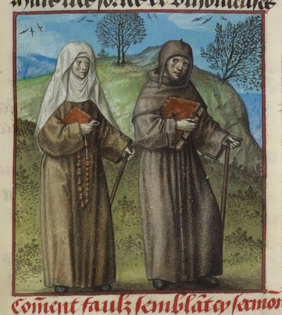 Detalle de una miniatura de Abstinence Contrainte (Abstinencia forzada) y Faux Semblant (Falsa apariencia) de camino a ver Malebouche (Lengua diabólica) , de "Le Roman de la Rose". de Unknown artist