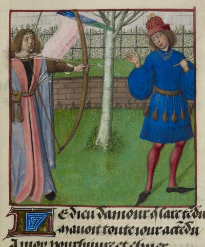 Detalle de una miniatura de Amour (Amor) apuntando al Amante con arco y flecha, de "Le Roman de la Rose". de Unknown artist