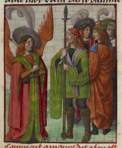 Detalle de una miniatura de Amour (Amor) y su ejército, de "Le Roman de la Rose". de Unknown artist