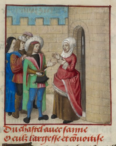 Detalle de una miniatura de Convoitise (Codicia) y Largesse (Generosidad) entrando en el castillo, de "Le Roman de la Rose". de Unknown artist
