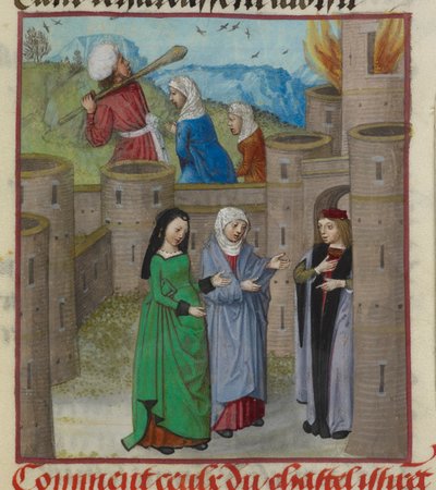 Detalle de una miniatura de Peligro y otras figuras alegóricas escapando del castillo en llamas, de "Le Roman de la Rose". de Unknown artist