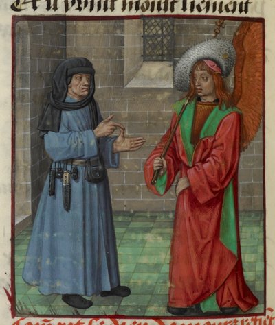 Detalle de una miniatura de Faux Semblant (Falsa apariencia) dirigiéndose a Amour (Amor) de "Le Roman de la Rose". de Unknown artist