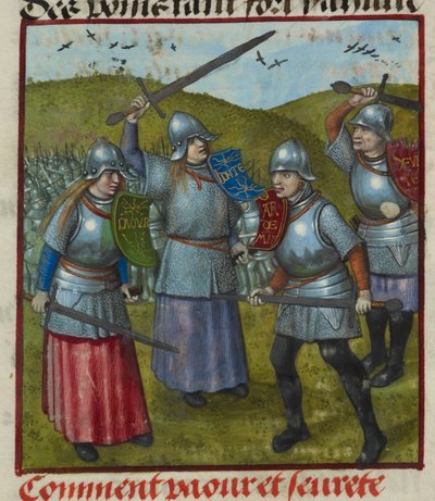 Detalle de una miniatura de Peur, Honte y otras alegorías luchando. Hombres y mujeres con armadura, luchando, de "Le Roman de la Rose". de Unknown artist