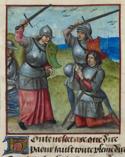 Detalle de una miniatura de Peur luchando mientras Honte observa, de "Le Roman de la Rose". de Unknown artist