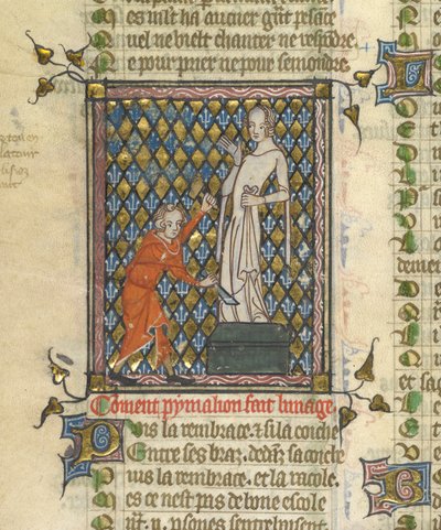 Detalle de una miniatura de Pigmalión ante la estatua, de "Le Roman de la Rose", c.1380 (miniatura) de Unknown artist