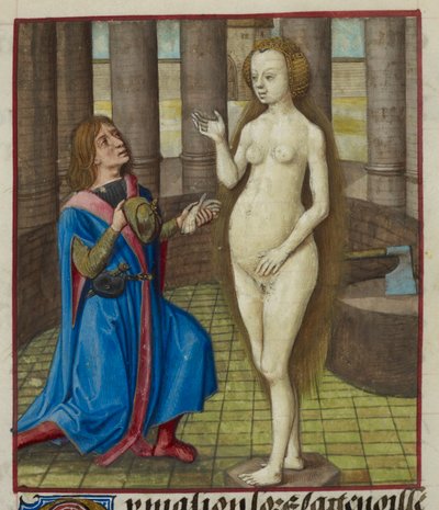 Detalle de una miniatura de Pigmalión de rodillas, pidiendo perdón a la estatua. de Unknown artist
