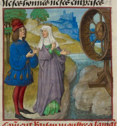 Detalle de una miniatura de la Razón mostrando la Rueda de la Fortuna al Amante, de "Le Roman de la Rose". de Unknown artist