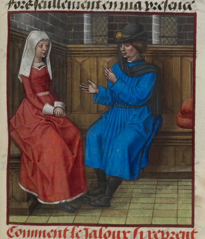 Detalle de una miniatura de un hombre celoso y su esposa, sentados, de "Le Roman de la Rose". de Unknown artist