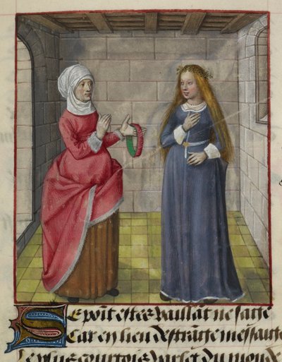Detalle de una miniatura de la Vieille (la Dueña) y Bel Accueil (Bella Bienvenida), de "Le Roman de la Rose". de Unknown artist