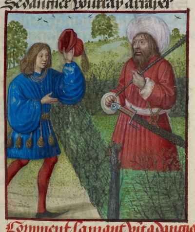 Detalle de una miniatura del Amante saludando al Peligro, de "Le Roman de la Rose". de Unknown artist