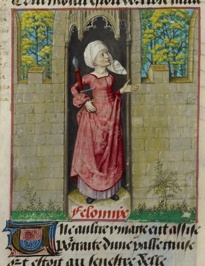 Detalle de una miniatura de la figura alegórica de Feloniye (Crimen), en la primera columna del folio, de "Le Roman de la Rose". de Unknown artist