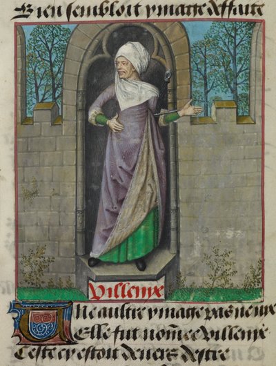 Detalle de una miniatura de la figura alegórica de Vilenie (Villanía), en la segunda columna del folio, de "Le Roman de la Rose". de Unknown artist