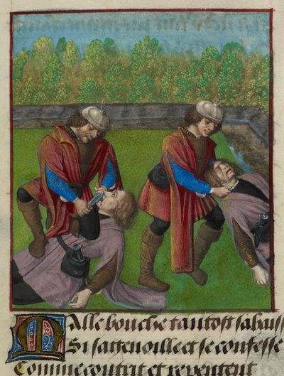 Detalle de una miniatura que muestra a Abstinence Contrainte (Abstinencia forzada) y Faux Semblant (Falsa apariencia) matando a Malebouche (Lengua malvada), y cortándole la lengua , de "Le Roman de la Rose". de Unknown artist