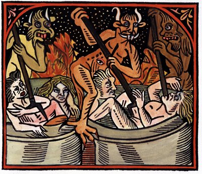 Demonios cocinando hombres en calderos en el infierno de Unknown artist