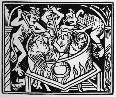 Demonios atormentando a los lujuriosos en un pozo de fuego y azufre - en Grand Calendrier et Compost des Bergers, Lyon de Unknown artist