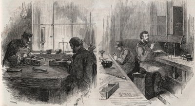 Corte de diamantes en un taller en los Países Bajos: cortadores y pulidores - Grabado en “Le Monde Illustré” de Unknown artist
