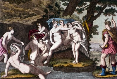 Diana sorprendida en el baño por el cazador Acteón. Grabado del “Diccionario mitológico” siglo XIX de Unknown artist