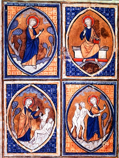 Diferentes etapas de la Creación del Mundo representadas en mandorlas. Miniatura de un manuscrito del siglo XIII. Porto, Biblioteca Municipal de Unknown artist