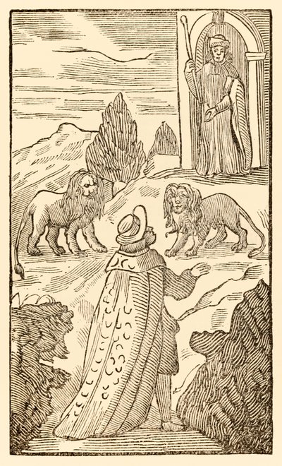 La dificultad está detrás, el miedo está delante de El progreso del peregrino de este mundo, al que está por venir de John Bunyan (1628-1688) El cristiano pasa entre los leones mientras el portero vigilante observa de Unknown