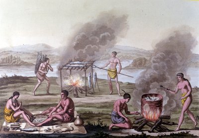 Escena de comedor y cocina entre los indios de Florida. Grabado del siglo XVII de Unknown artist