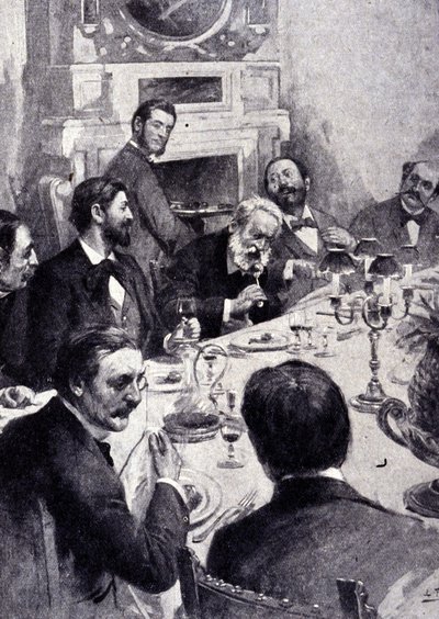 Cena en la mesa de Victor Hugo con Jean Mounet-Sully (1841 - 1916), actor francés. Grabado del siglo XIX de Unknown artist