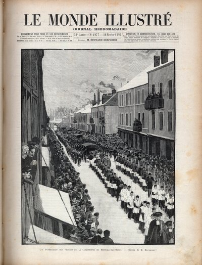 Desastre del pozo Santa Eugenia - El funeral de las víctimas del desastre de Montceau les Mines en Borgoña - Grabado en “El mundo ilustre” de 1895 de Unknown artist