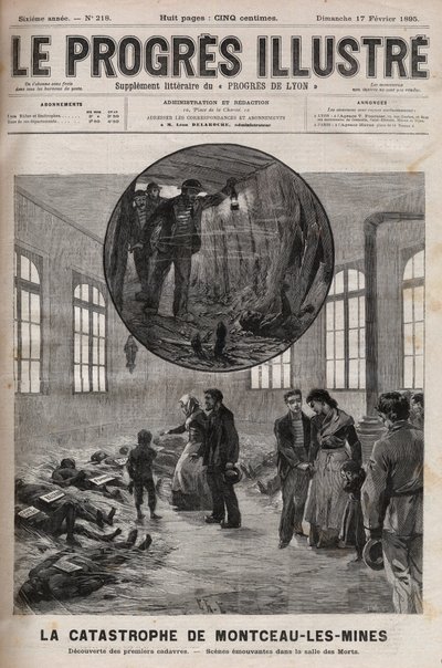 Desastre del pozo Santa Eugenia o desastre de Montceau-les-Mines en Borgoña en 1895 - grabado en 