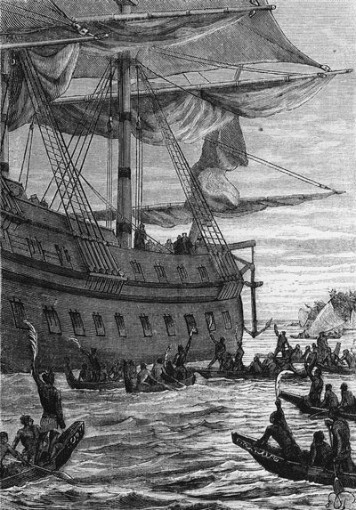 Descubrimiento de las Indias: viaje de Wallis en el Pacífico; Nativos yendo a encontrarse con los colonos - en “Los Viajeros del siglo XVIII y XIX”, por Jules Verne, ed. Hetzel et Cie, París de Unknown artist