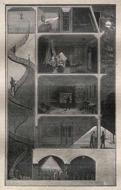 Electricidad doméstica: Sección transversal de un edificio equipado con electricidad - Grabado en “La Ciencia francesa” de Unknown artist