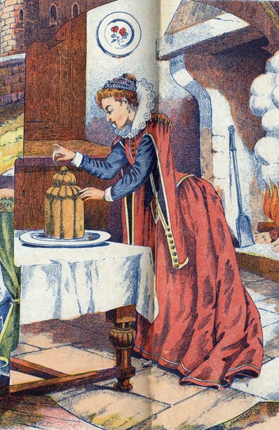 Piel de asno deja caer su anillo en el pastel. Ilustración anónima para el cuento "Piel de asno" de Charles Perrault (1628-1703), escritor francés. Imágenes Marcel Vagne, Jarville Nancy, sin fecha (finales del siglo XIX) de Unknown artist