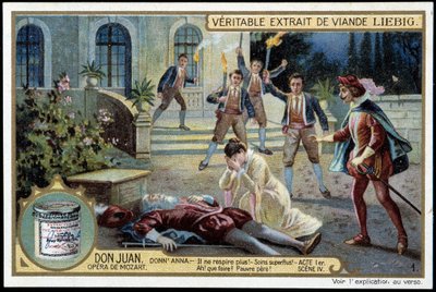 Donna Anna descubre a su padre muerto - “¡Ya no respira! ¡Cuidado superfluo! ¿Qué hacer? ¡Pobre padre! - Acto I, escena 4 de Don Juan (Don Giovanni), ópera de Mozart (1756-1791) - Cromolitografía de Liebig de Unknown artist