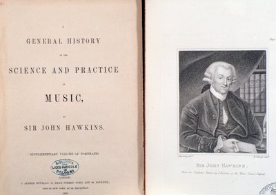 Doble página y frontispicio de Historia General de la Ciencia y la Práctica de la Música de John Hawkins de Unknown artist