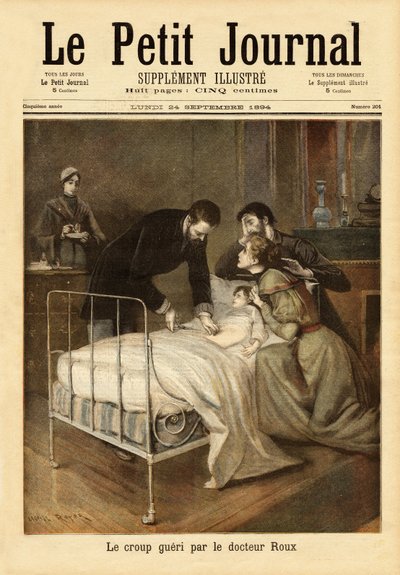 Dr. Emile Roux (1853-1933), bacteriólogo, colaborador de Louis Pasteur (1822-1895), quien desarrolló la vacuna contra el crup. Grabado en “Le petit journal” 24/09/1894. Colección Selva. de Unknown artist