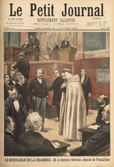 El Dr. Grenier, un diputado de Pontarlier, recientemente convertido al Islam, crea un escándalo al ir a la sala de diputados con el traje árabe. Grabado en "Le petit journal" 24/01/1897. Colección Selva. de Unknown artist