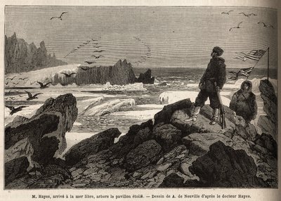 El Dr. Hayes, llega al mar libre del polo Ártico, el propósito de su expedición, planta la bandera estrellada americana. Grabado para ilustrar el viaje al mar libre del polo Ártico, por el Doctor Hayes, cirujano de la Marina de los Estados Unidos, en 1860- de Unknown artist