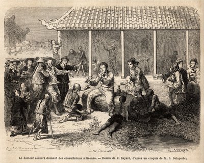 El Dr. Joubert dando consultas en Se-Mao (China), después de curar a un soldado gravemente herido, toda la población de la ciudad invade el patio de la vivienda del equipo de exploración con la esperanza de recibir tratamiento, la mayoría de ellos sufren d de Unknown artist
