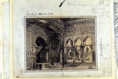 Dibujo para la escenografía de la Escena 3 del Acto II de la ópera “I Lombardi” o “Los Lombardos en la Primera Cruzada” compuesta por Giuseppe Verdi (1813 - 1901) en 1843. de Unknown artist