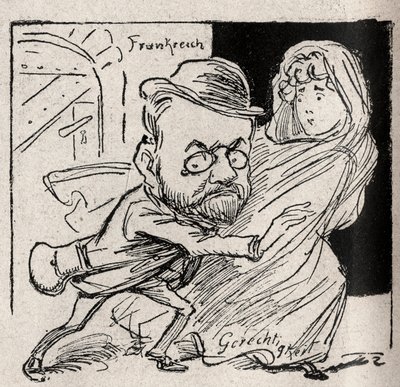 Caso Dreyfus - Emile Zola tiene Justicia: ven conmigo, mi tesoro, aquí ya no queremos escucharnos - Dibujo publicado en el periódico austriaco “Der Floh” en 1898 (reproducido en Le Rire) de Unknown artist