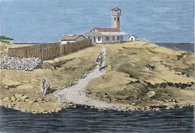 Caso Dreyfus: el capitán Alfred Dreyfus (1859-1935) parte a la isla del diablo (1895-1899) en Guyana. Grabado de Unknown artist