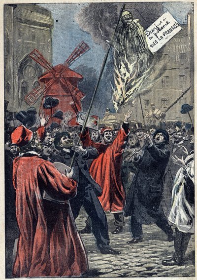 Caso Dreyfus - París - 1898: manifestación antisemita en Montmartre. Una efigie de Martin Dreyfus, hermano de Alfred, es quemada en la plaza, con un cartel colgado en su cuello: "Dreyfus tiene la horca. ¡Viva Francia!" Ilustración en "Le Pelerin" del 10 de de Unknown artist